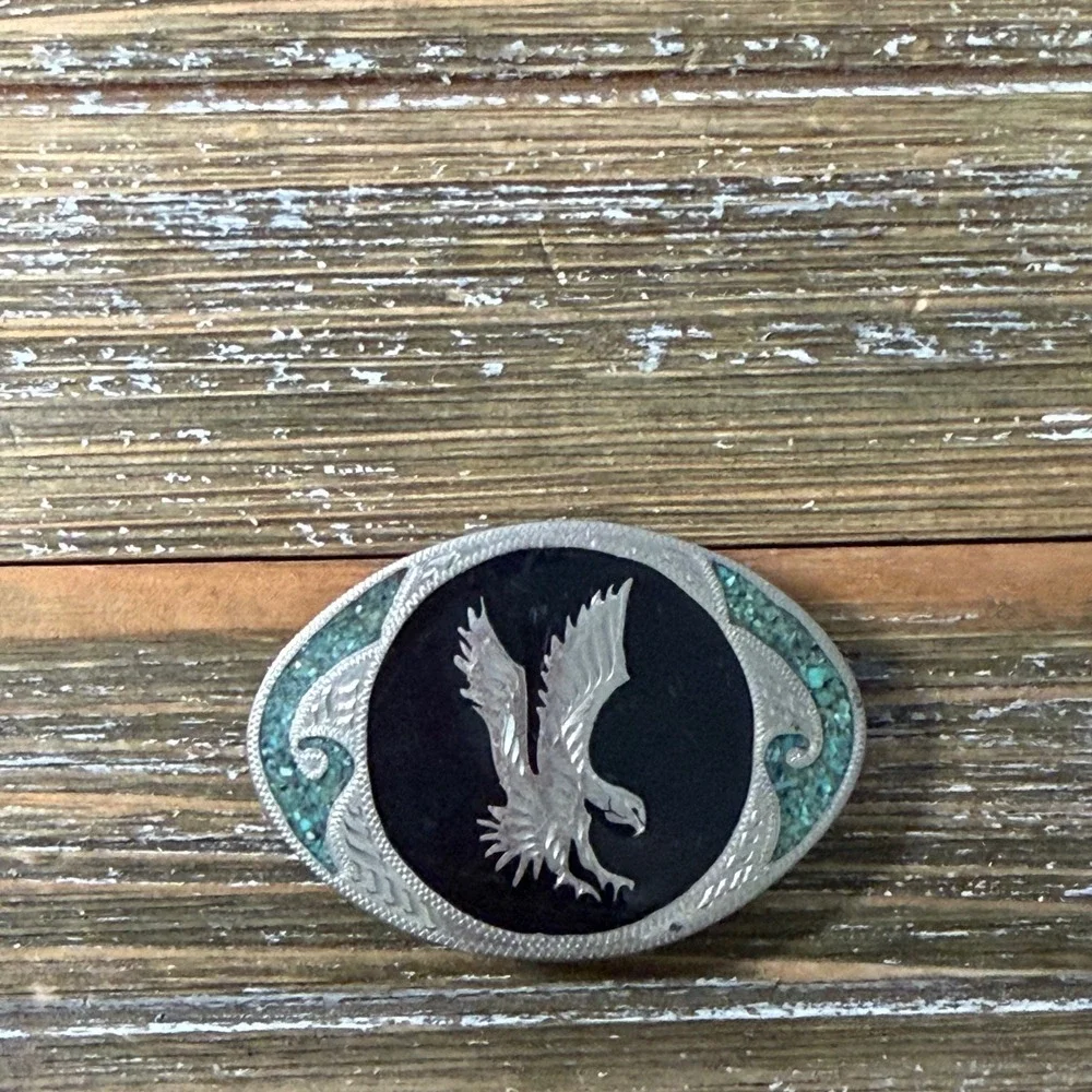 Vintage Western Eagle Belt Buckle Turquoise Chip Inlay Black Onyx Style Oval
